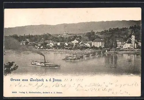 AK Aschach a. d. Donau, Gesamtansicht mit Flussbrücke
