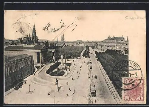 AK Wien, Franzensring mit Denkmal und Strassenbahn