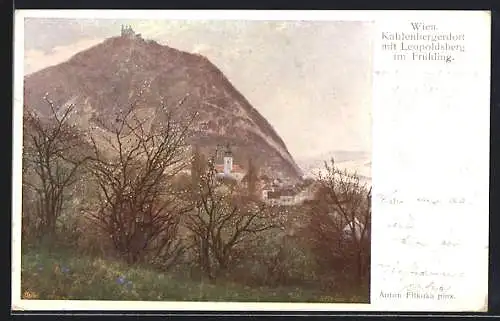 Künstler-AK Wien, Kahlenbergerdorf mit Leopoldsberg im Frühling