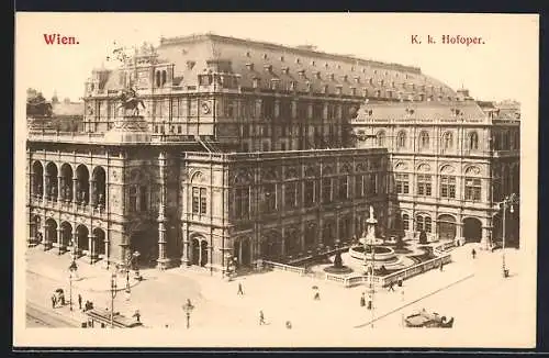 AK Wien, K.K. Hofoper mit Strassenbahnen