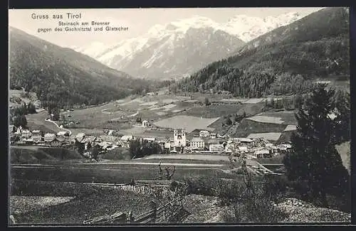 AK Steinach am Brenner, Ortsansicht gegen Gschnitztal und Gletscher