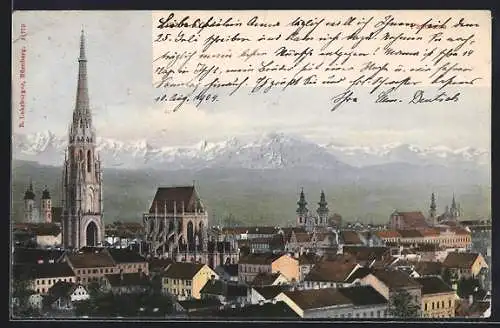 AK Linz a. D., Panorama mit Kirche