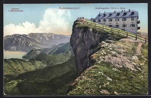 AK Schafberg, Schafbergspitze mit Hotel, Blick zum Attersee und Höllengebirge