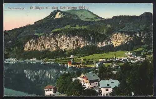 AK St. Gilgen, Ortspartie mit See und dem Zwölferhorn
