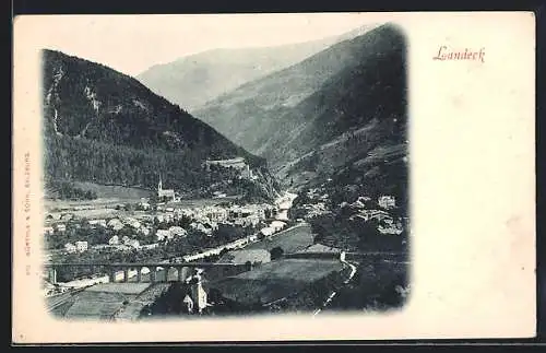 AK Landeck, Ortsansicht mit Viadukt aus der Vogelschau