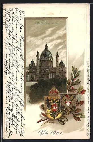 Lithographie Wien, Karlskirche, Stadtwappen