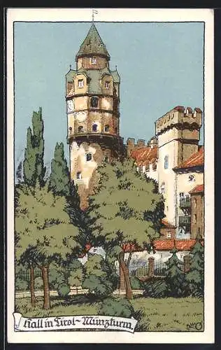 Künstler-AK Hall in Tirol, Partie am Münzturm