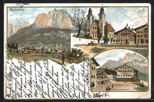 Lithographie St. Johann i / T., Ortsansicht, Kirche, Platzansicht