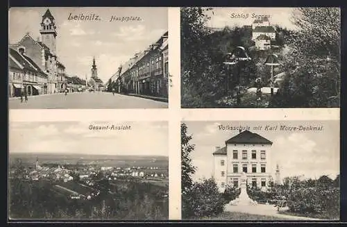 AK Leibnitz, Volksschule mit Karl Morre-Denkmal Schloss Seggau, Hauptplatz