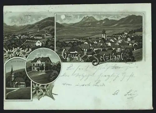 Mondschein-Lithographie Selzthal, Hotel Huber, Kirche Selzthal, Liezen