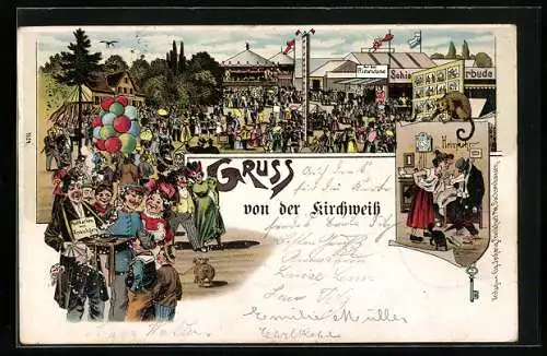 Lithographie AK-Verkäufer auf dem Volksfest Kirchweih, Riesendame, Ehefrau wartet mit dem Handfeger auf ihren Gatten