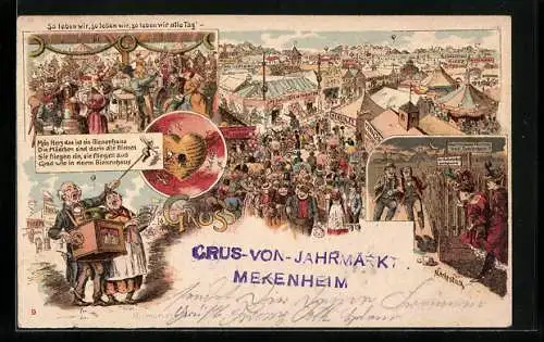 Lithographie Mekenheim, Jahrmarkt, Leierkasten-Mann