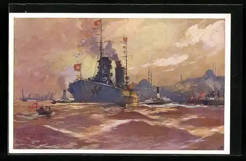 Künstler-AK Harry Heusser: Konstantinopel, türk. Kriegsschiffe bei der Flaggengala im Hafen