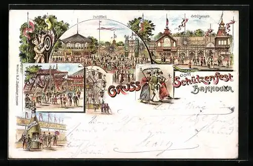 Lithographie Hannover, Schützenfest, Rundtbeil, Schützenzelt