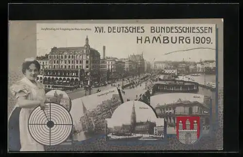AK Hamburg, XVI. Deutsches Bundesschiessen 1909, Hamburger Fleet, Rathaus, Börse