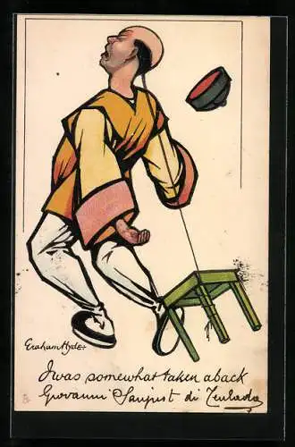 Künstler-AK sign. Eraham Hyde: Haare vom Chinesen hängen am Hocker fest
