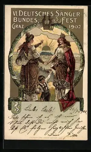 AK Graz, VI. Deutsches Sänger-Bundesfest 1902, zwei Königinnen reichen sich die Hände, Jugendstil