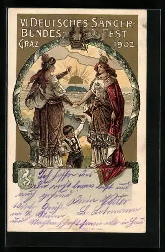 Lithographie Graz, 6. Dt. Sängerbundesfest 1902, Germania reicht ihrer Schwester die Hand, Wappen
