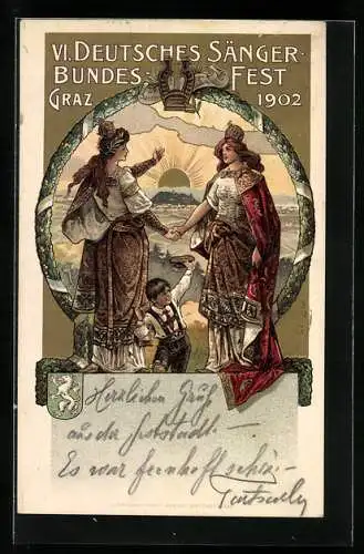 AK Graz, VI. Deutsches Sänger-Bundesfest 1902, zwei Königinnen reichen sich die Hände, Jugendstil
