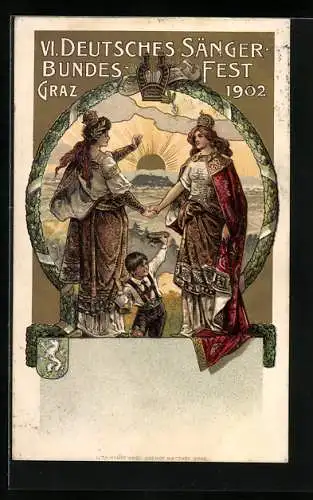 Lithographie Graz, 6. Dt. Sängerbundesfest 1902, Germania reicht ihrer Schwester die Hand, Wappen