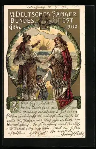 Lithographie Graz, 6. Dt. Sängerbundesfest 1902, Germania reicht ihrer Schwester die Hand, Wappen