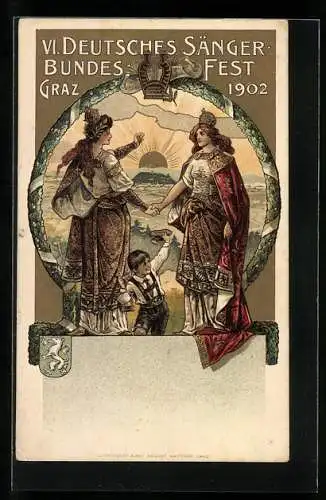 AK Graz, VI. Deutsches Sänger-Bundesfest 1902, zwei Königinnen reichen sich die Hände, Jugendstil