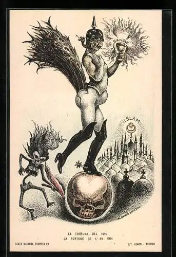 Künstler-AK sign. Alberto Martini: La Danse Macabre Européenne, La Fortuna del 1914, Kaiser Wilhelm II., Islam