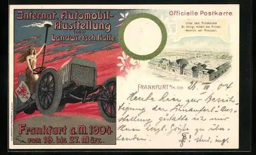 Lithographie Frankfurt a. M., Internat. Automobil-Ausstellung 1904, Prinz Heinrich von Preussen, Ausstellungshallen