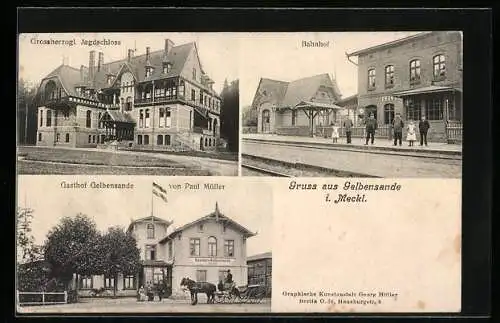 AK Gelbensande i. Meckl., Gasthof von Paul Müller, Bahnhof von der Gleisseite, Grossherzogl. Jagdschloss