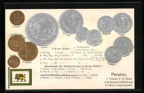 AK Persien, Münzgeld, Währungstabelle, Nationalflagge