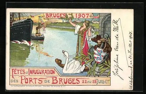 Lithographie Bruges, Fetes d`Inauguration des Ports de Bruges 22 au 28 Juillet 1907