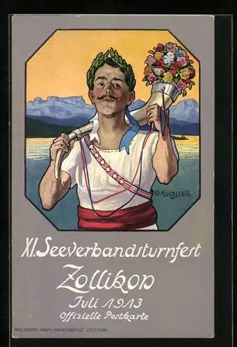 Künstler-AK Zollikon, XI. Seeverbandsturnfest 1913, Turner mit Füllhorn