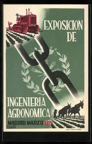 Künstler-AK Madrid, Exposicion de Ingenieria Agronomica 1950, Pflügen per Zugmaschine