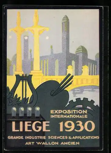 AK Liege, Exposition Internationale 1930, Zahnrad, Lyra, Palette, Ausstellungspavillon