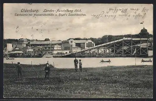 AK Oldenburg / Old., Landes-Ausstellung 1905, Teichpartie mit Wasserrutschbahn u. Hoyer`s Seeschlösschen