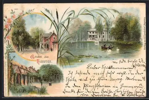 Lithographie Hanerau, Teich mit Ruderboot