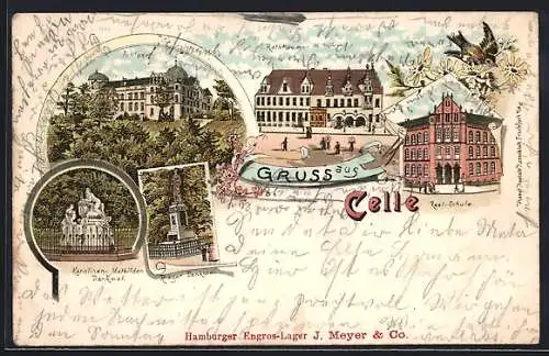 Lithographie Celle, Real-Schule, Schloss, Krieger-Denkmal