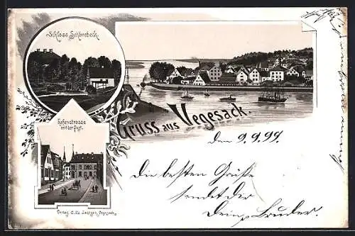 Lithographie Vegesack, Schloss Schönebeck, Hafenstrasse, Post