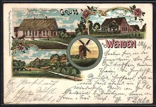 Lithographie Wehden, Gasthof zum Wehdener Holz, Schule, Windmühle