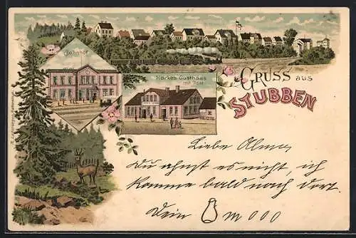Lithographie Stubben / Lauenburg, Harkes Gasthaus mit Post, Bahnhof, Totalansicht