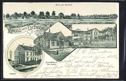 Lithographie Eschede, Bahnhof, Geschäftshaus Wilh. Müller, Postamt