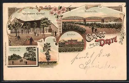 Lithographie Dreye, Kaufmanns Gasthof, Bahnhof, Strasse nach Kirchweyhe