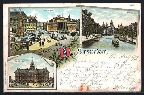 Lithographie Amsterdam, Dam en Beurs, Voorburgwal, Het kaninklyke Paleis op den Dam, Wappen um 1900