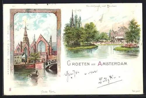 Lithographie Amsterdam, Vondelpark met Paviloen, Oude Kerk