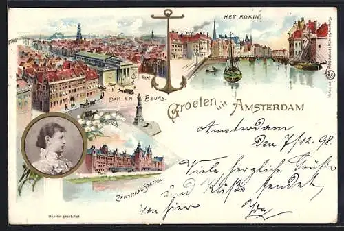 Lithographie Amsterdam, Königin Wilhelmina von den Niederlanden, Centraal Station, Het Rokin, Dam en Beurs