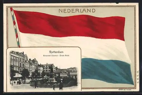 Präge-AK Rotterdam, Monument Erasmus, Groote Markt, Nationalfahne