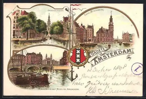 Lithographie Amsterdam, Singel, Blauwebrug met Mozes en Aäronskerk, Groenburgwal