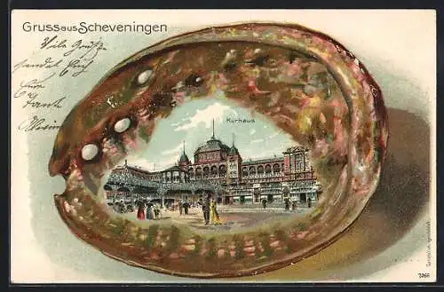 Lithographie Scheveningen, Kurhaus auf Muschel