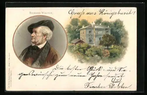 Lithographie Bayreuth, Richard Wagner Portrait und Villa