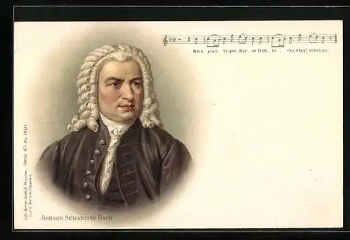 Lithographie Komponist Johann Sebastian Bach und Musiknoten Mein gläubiges Herze frohlocke...